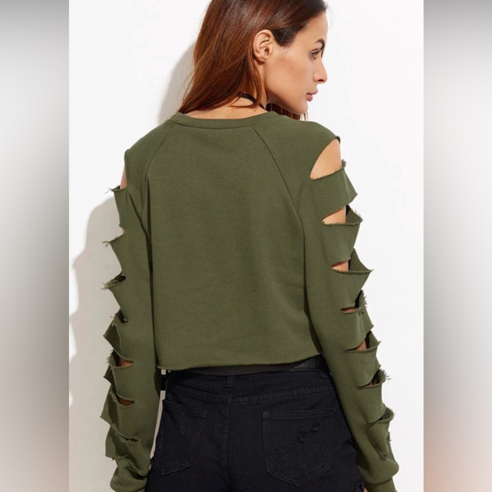 $15 sale Zanzea army green crop top w sleeve cuts S 38-42” chest 14”